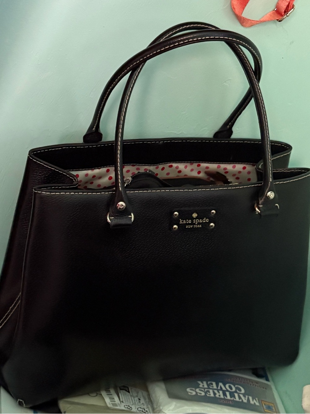 kate spade Black Shoulder Tote with Pink Polka Dot Lining
